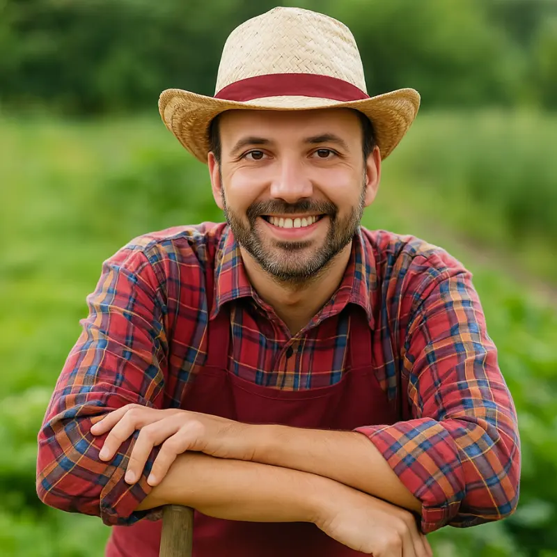 ocel-lensman-organic-tools Focel Lensman smiling in a vibrant flower garden